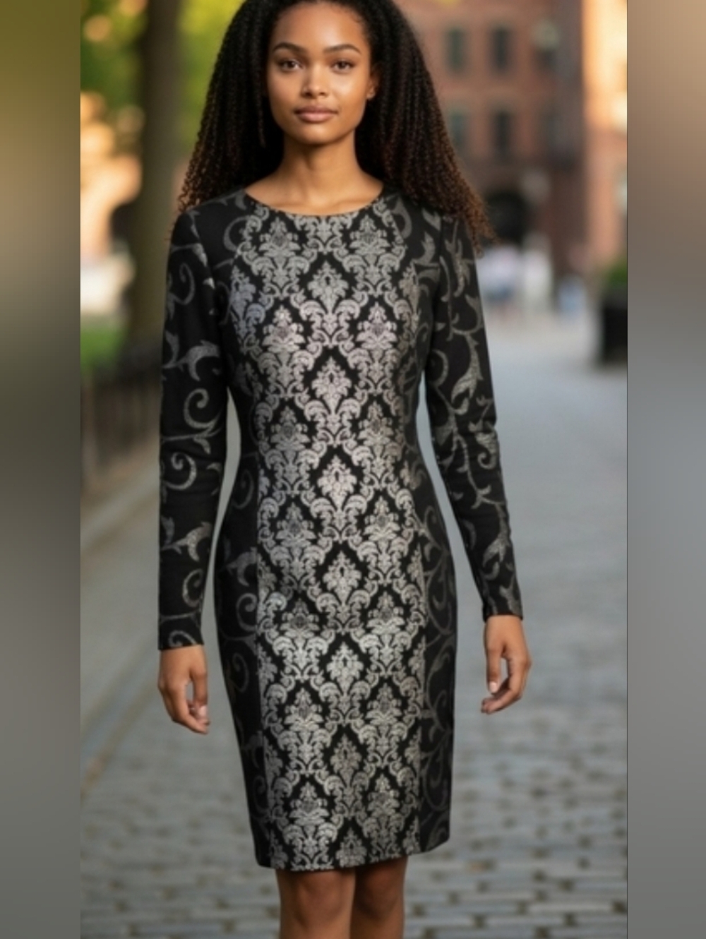 ANTONIO MELANI Black and Silver Long-Sleeve Damask Sheath Dress